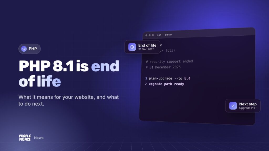 PHP 8.1 is end of life: illustration for the Purple Prince news article