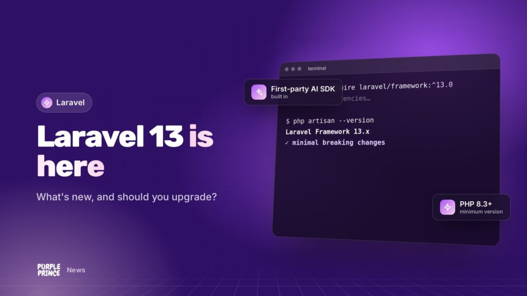 Laravel 13 is here: illustration for the Purple Prince news article