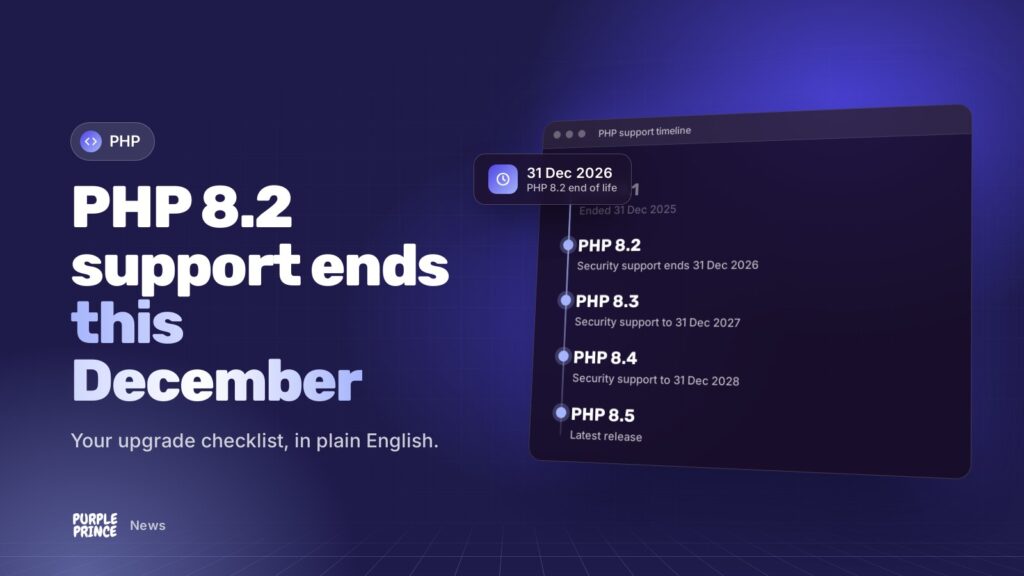 PHP 8.2 support ends this December: illustration for the Purple Prince news article